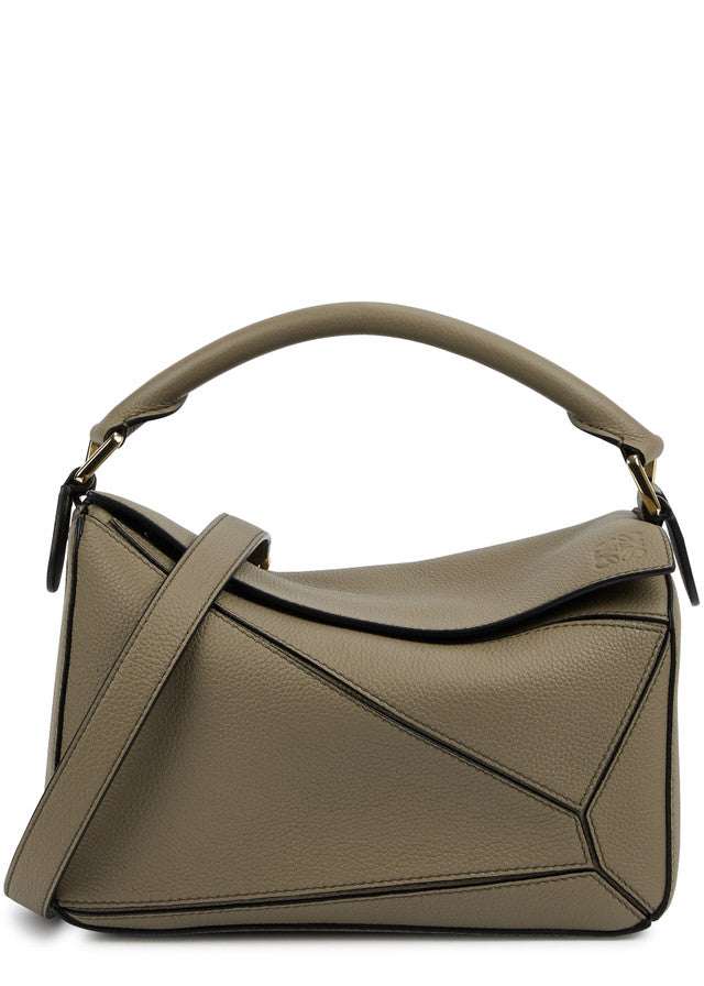 Leowyn Puzzle handbag in taupe leather with geometric design and structured silhouette