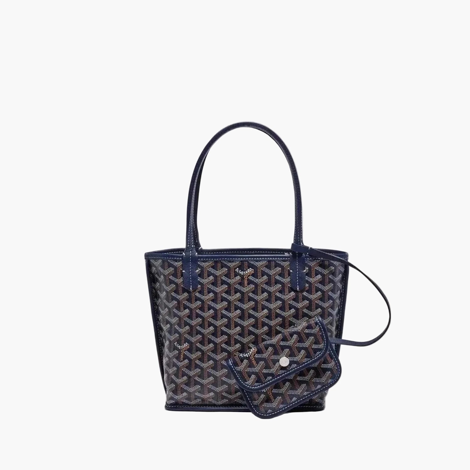 Élodie Mini Tote bag with geometric pattern, double handles, and detachable pouch in navy blue