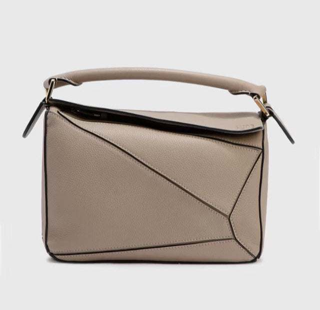 Leowyn Puzzle Handbag beige leather geometric design compact handbag
