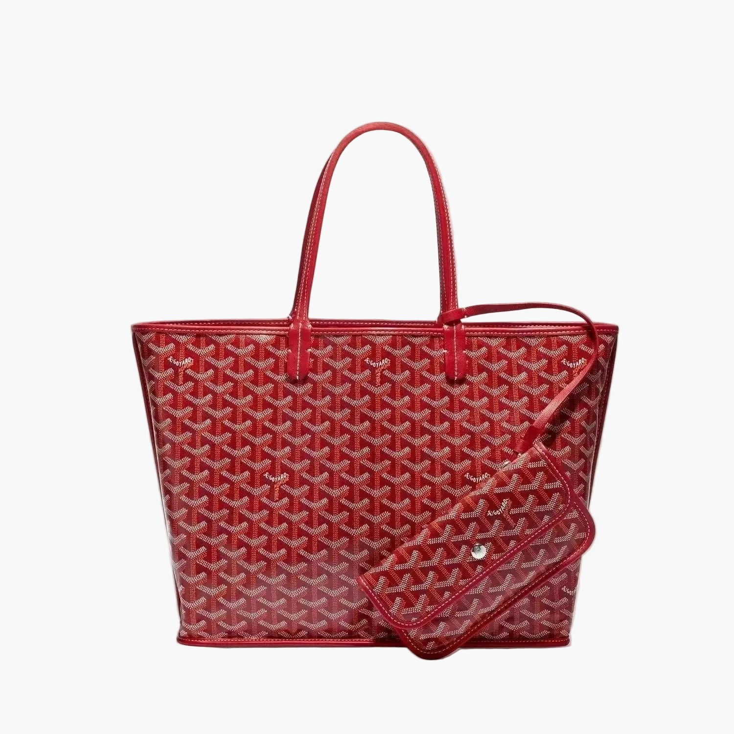 Red Élodie Tote Bag with signature patterned finish and matching detachable pouch, available in medium and large sizes.