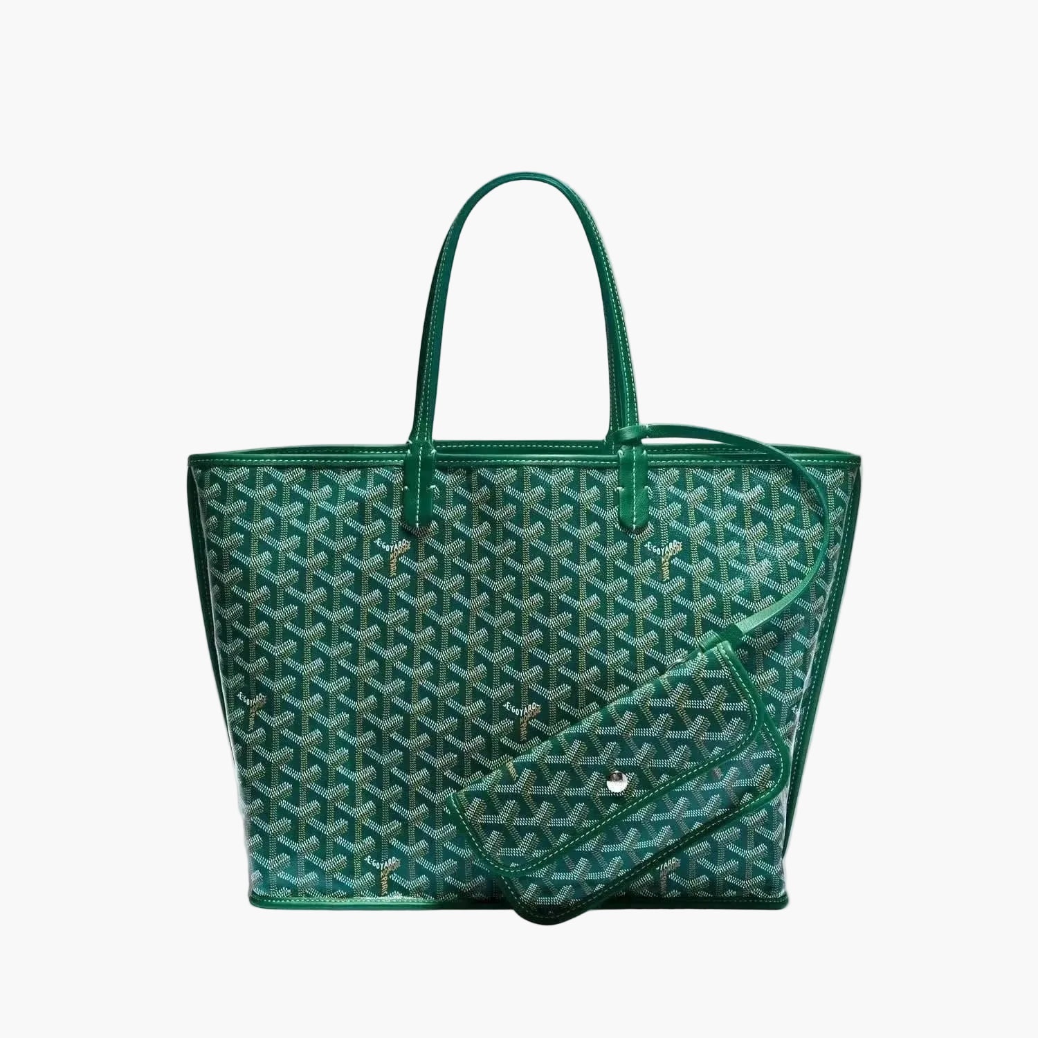 Green patterned Élodie Tote Bag with matching detachable pouch, available in medium and large sizes, perfect for daily use and travel.