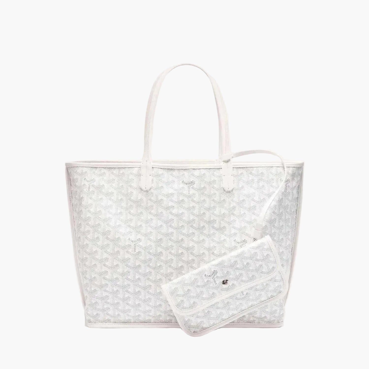 White Élodie tote bag with signature pattern and matching detachable pouch, available in medium and large sizes