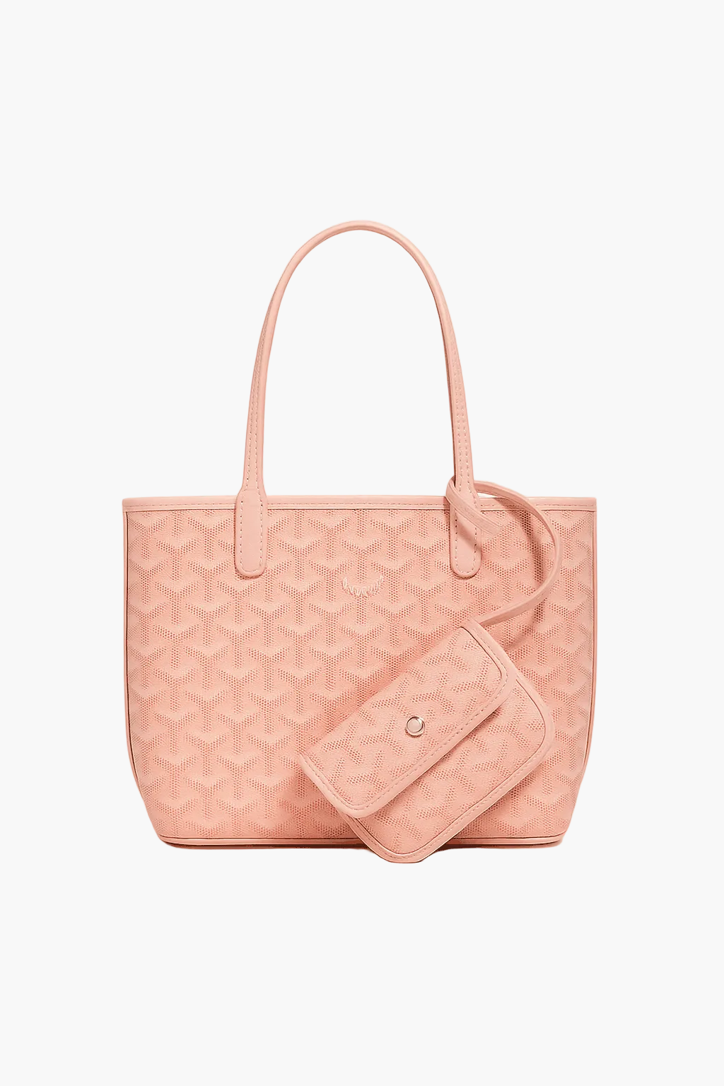 Blush pink mini tote with geometric pattern and detachable pouch